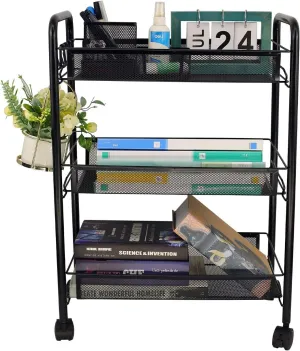 OVICAR Mesh Wire 3 Tier Rolling Cart, Kitchen Storage Utility Cart, Multifunction Basket Stand for Bathroom, Full Metal Storage Art Trolley Carts with Wheels & 4 Side Hooks (Black)