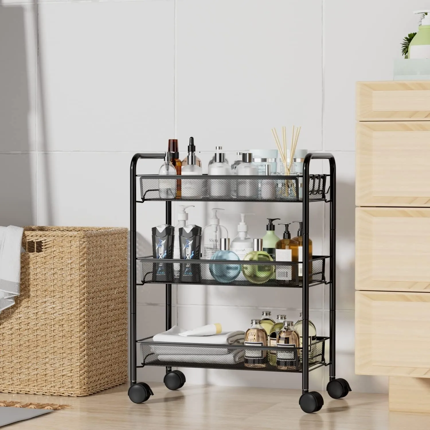OVICAR Mesh Wire 3 Tier Rolling Cart, Kitchen Storage Utility Cart, Multifunction Basket Stand for Bathroom, Full Metal Storage Art Trolley Carts with Wheels & 4 Side Hooks (Black)