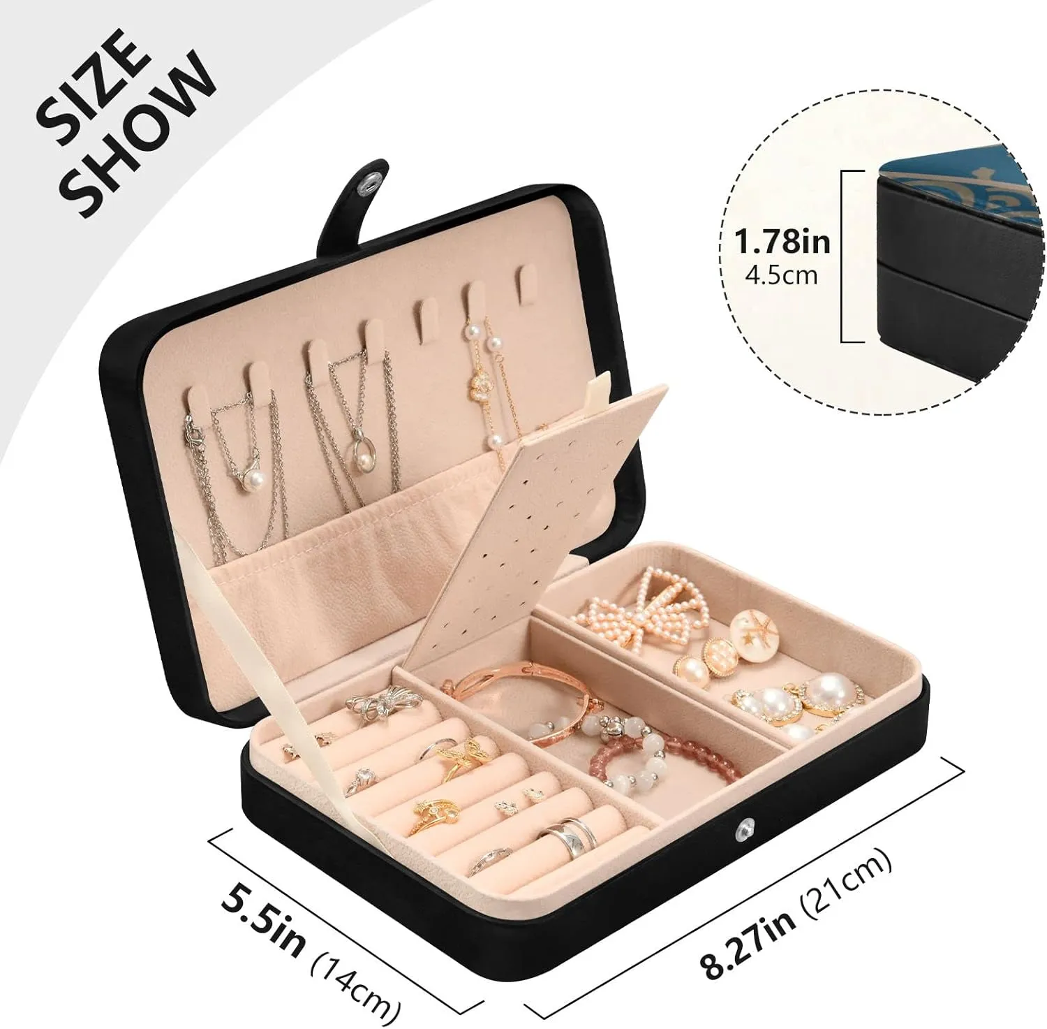 Oyihfvs Blue Japanese Traditional Waves Two Cranes Chrysanthemum Flowers Leather Jewelry Bag, Jewelry Storage, Portable Jewelry Organizer Boxes for Women Lady Necklace, Earrings, Rings, Bracelet