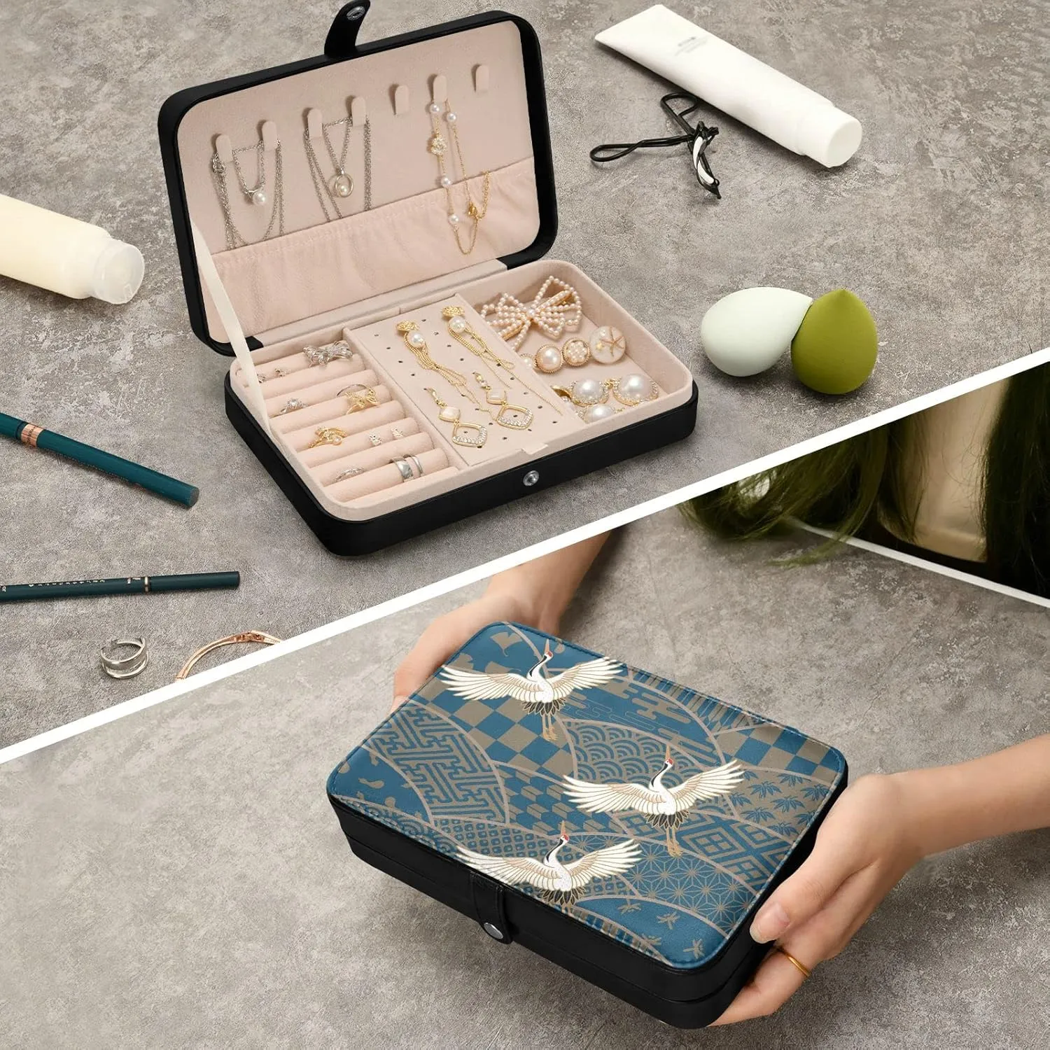Oyihfvs Blue Japanese Traditional Waves Two Cranes Chrysanthemum Flowers Leather Jewelry Bag, Jewelry Storage, Portable Jewelry Organizer Boxes for Women Lady Necklace, Earrings, Rings, Bracelet