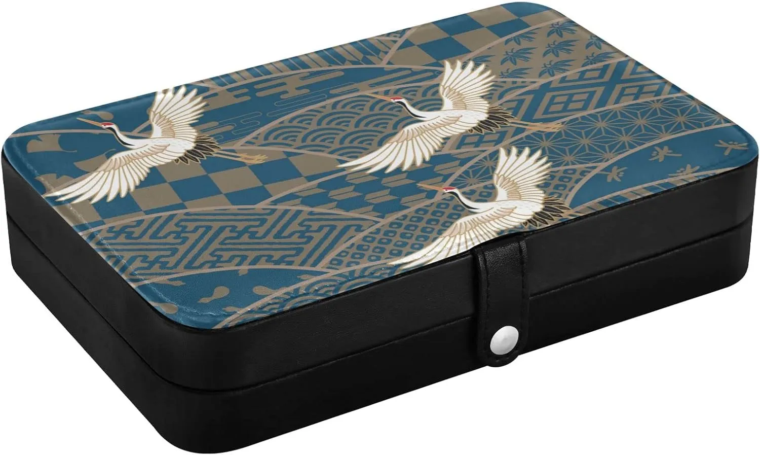 Oyihfvs Blue Japanese Traditional Waves Two Cranes Chrysanthemum Flowers Leather Jewelry Bag, Jewelry Storage, Portable Jewelry Organizer Boxes for Women Lady Necklace, Earrings, Rings, Bracelet