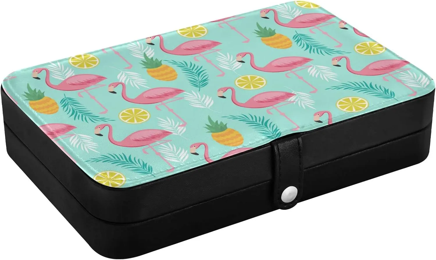 Oyihfvs Seamless Pink Flamingos, Pineapples and Exotic Leaves on Turquoise Leather Jewelry Bag, Jewelry Storage, Portable Jewelry Organizer Boxes for Women Lady Necklace, Earrings, Rings, Bracelet