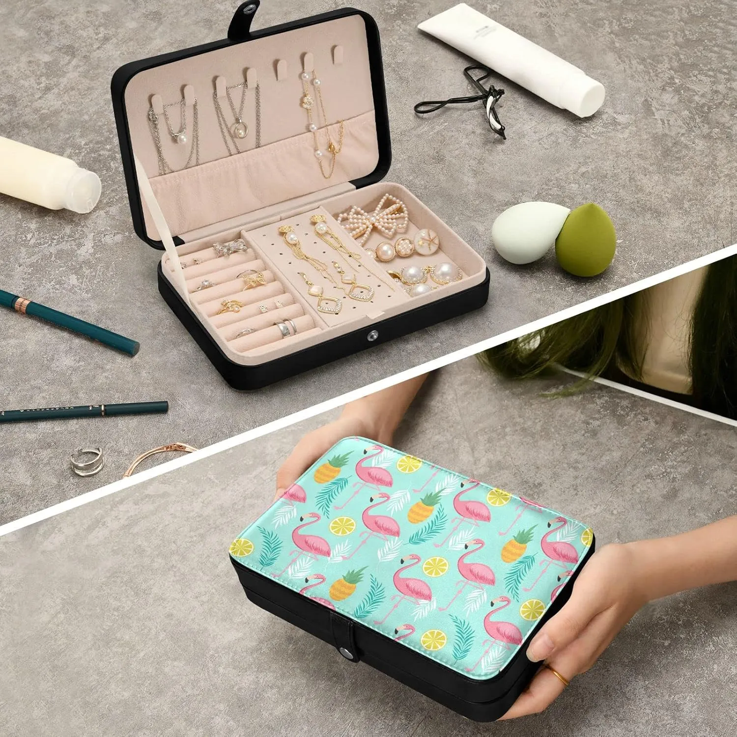 Oyihfvs Seamless Pink Flamingos, Pineapples and Exotic Leaves on Turquoise Leather Jewelry Bag, Jewelry Storage, Portable Jewelry Organizer Boxes for Women Lady Necklace, Earrings, Rings, Bracelet