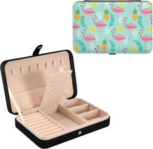 Oyihfvs Seamless Pink Flamingos, Pineapples and Exotic Leaves on Turquoise Leather Jewelry Bag, Jewelry Storage, Portable Jewelry Organizer Boxes for Women Lady Necklace, Earrings, Rings, Bracelet