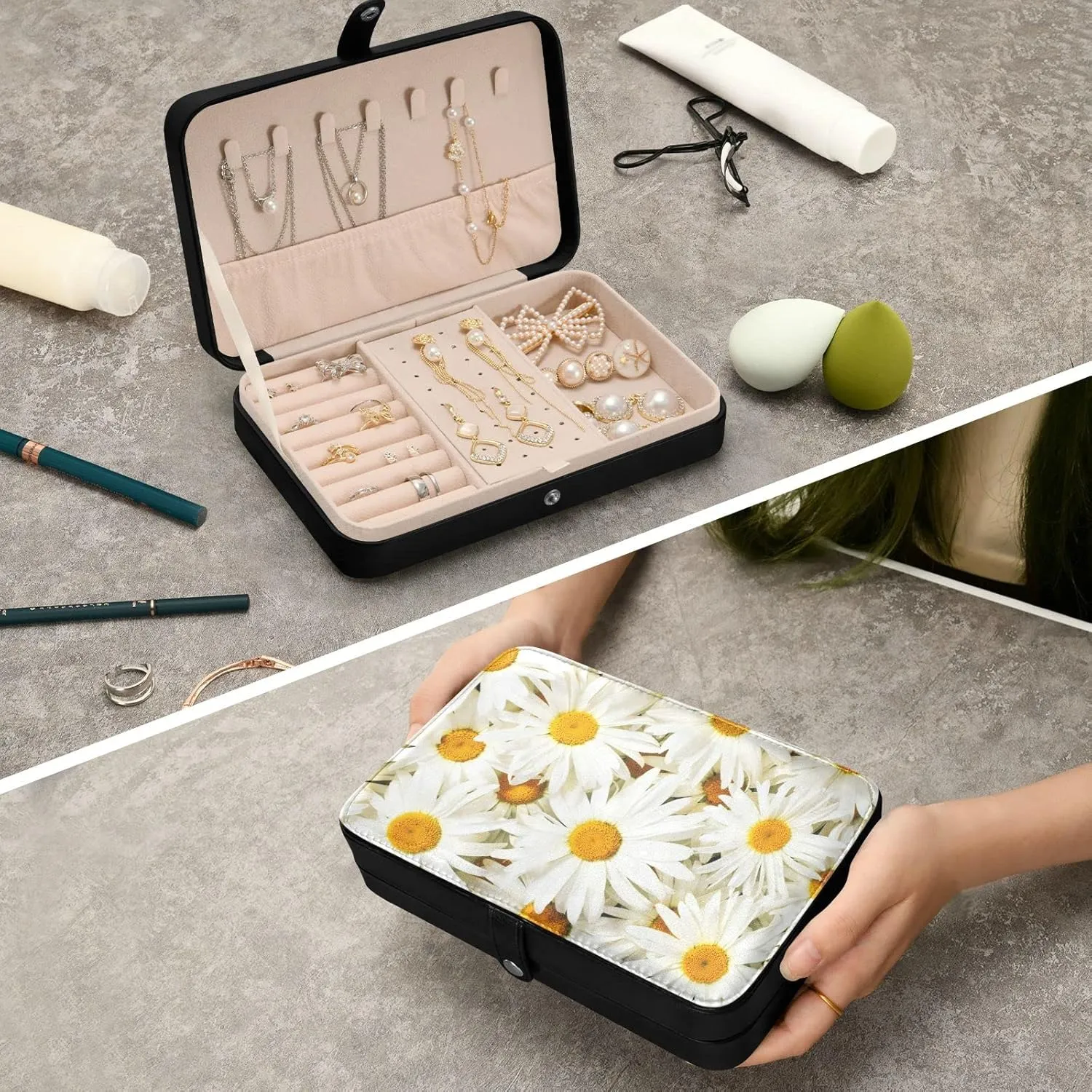 Oyihfvs Seamless White Daisy Flowers Texture Leather Jewelry Bag, Jewelry Storage, Portable Jewelry Organizer Boxes for Women Lady Necklace, Earrings, Rings, Bracelet