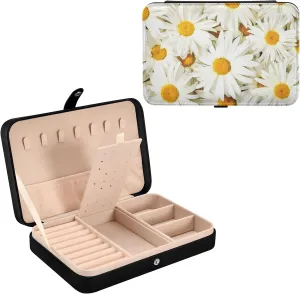 Oyihfvs Seamless White Daisy Flowers Texture Leather Jewelry Bag, Jewelry Storage, Portable Jewelry Organizer Boxes for Women Lady Necklace, Earrings, Rings, Bracelet