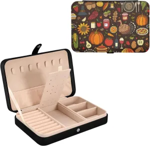 Oyihfvs Thanksgiving Pumpkins, Turkeys, Pies, Corns, Beer, Sunflowers Leather Jewelry Bag, Jewelry Storage, Portable Jewelry Organizer Boxes for Women Lady Necklace, Earrings, Rings, Bracelet