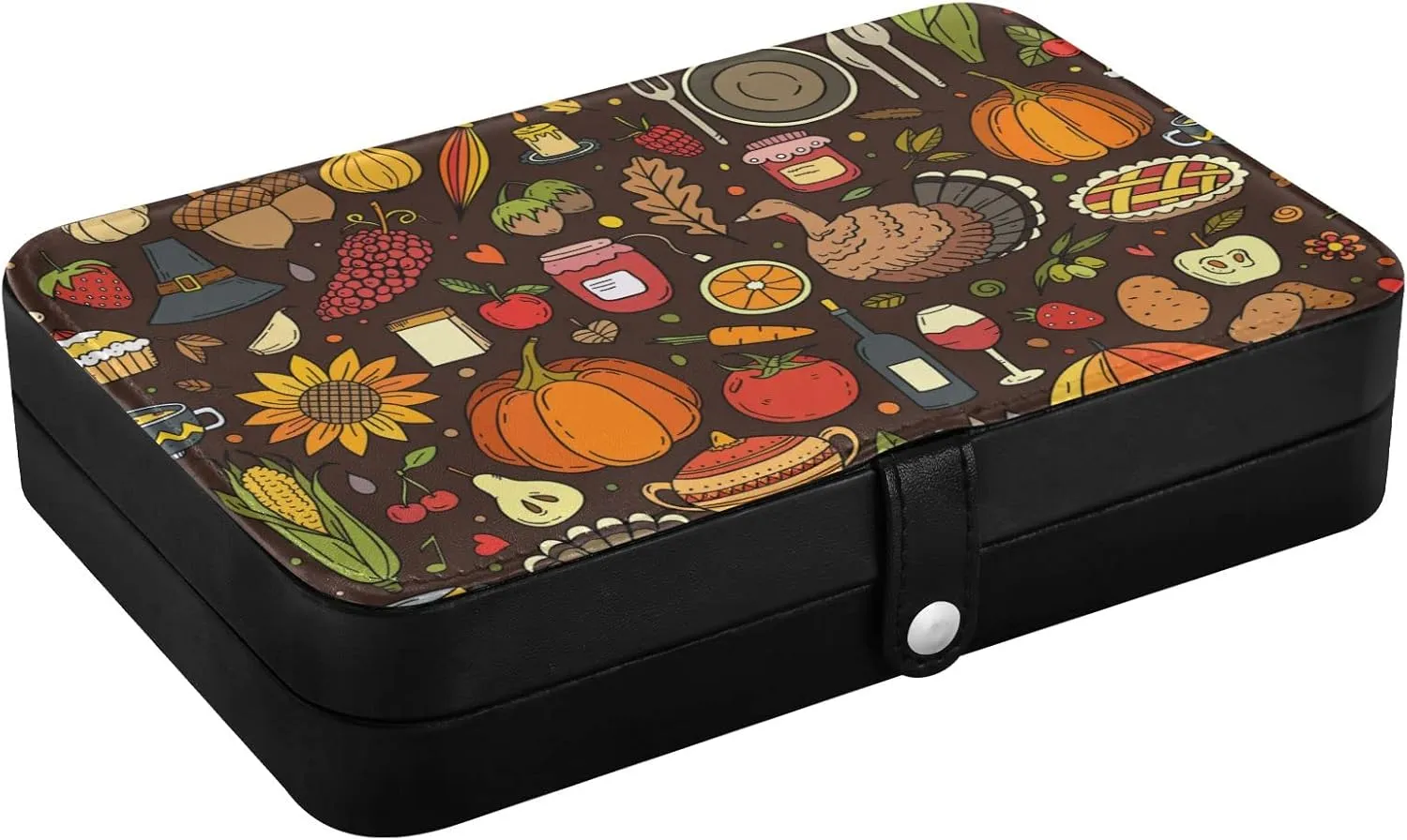 Oyihfvs Thanksgiving Pumpkins, Turkeys, Pies, Corns, Beer, Sunflowers Leather Jewelry Bag, Jewelry Storage, Portable Jewelry Organizer Boxes for Women Lady Necklace, Earrings, Rings, Bracelet