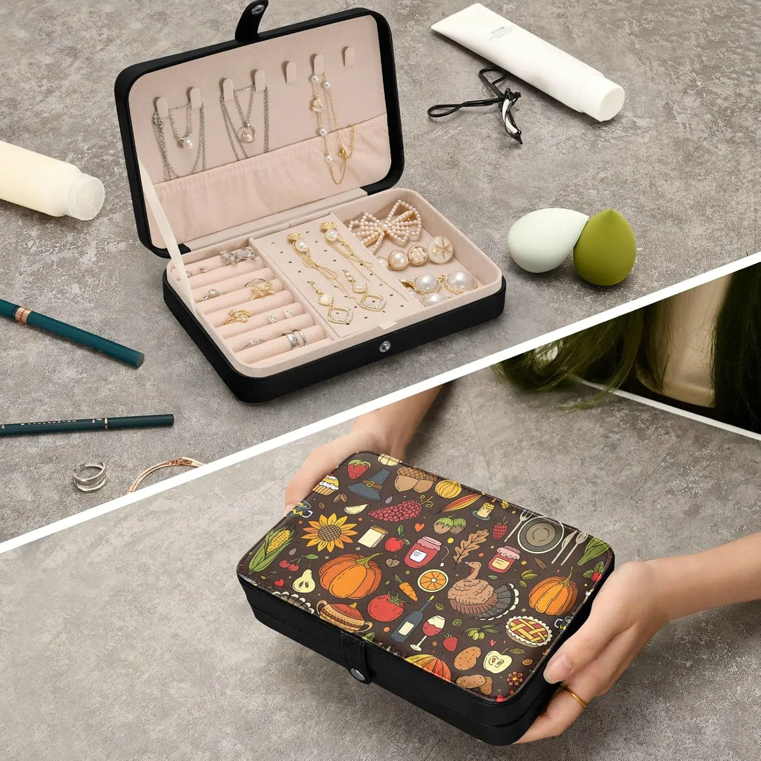 Oyihfvs Thanksgiving Pumpkins, Turkeys, Pies, Corns, Beer, Sunflowers Leather Jewelry Bag, Jewelry Storage, Portable Jewelry Organizer Boxes for Women Lady Necklace, Earrings, Rings, Bracelet