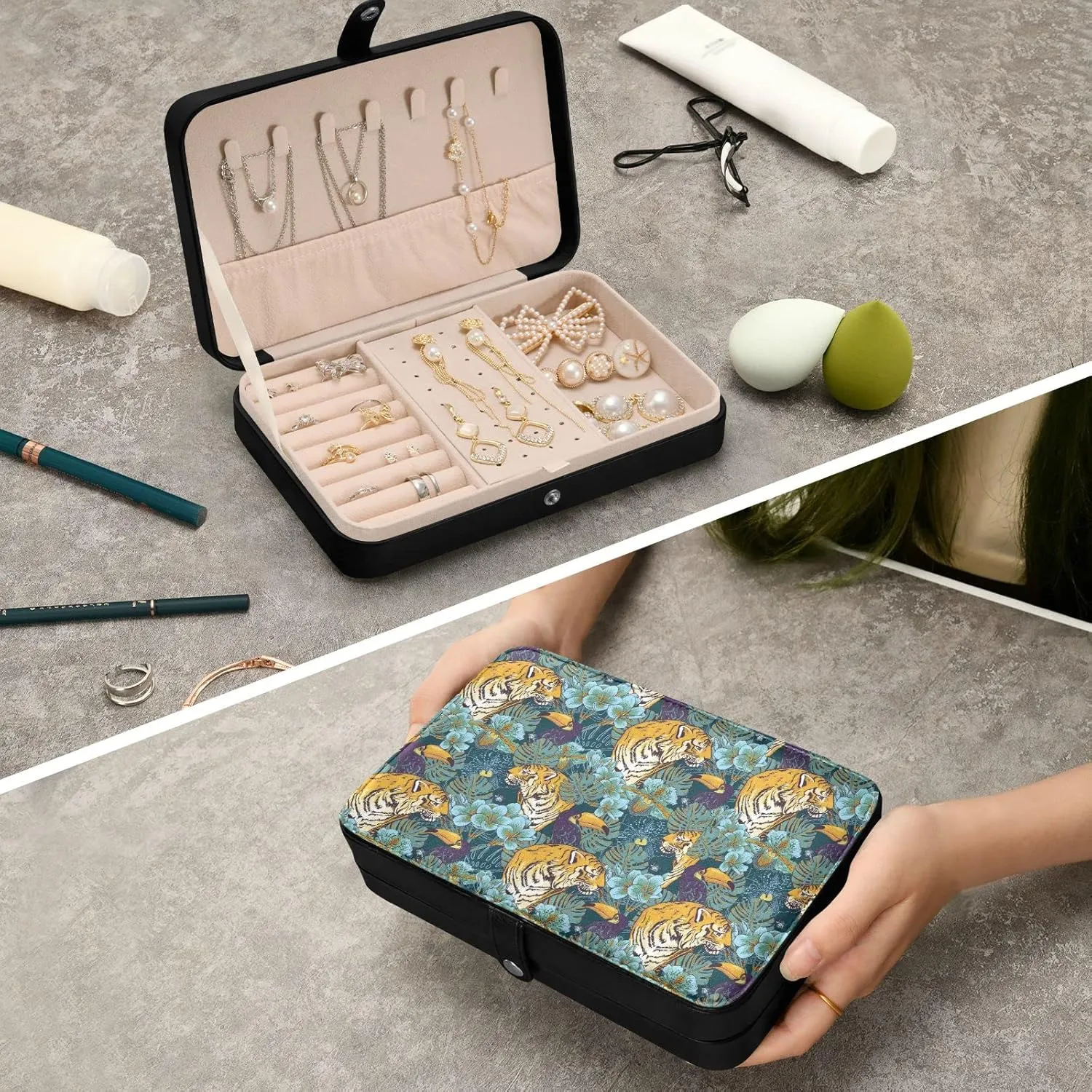 Oyihfvs Tropical Seamless Exotic Turquoise Flowers, Toucan and Yellow Tiger Leather Jewelry Bag, Jewelry Storage, Portable Jewelry Organizer Boxes for Women Lady Necklace, Earrings, Rings, Bracelet