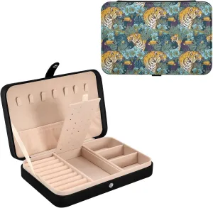 Oyihfvs Tropical Seamless Exotic Turquoise Flowers, Toucan and Yellow Tiger Leather Jewelry Bag, Jewelry Storage, Portable Jewelry Organizer Boxes for Women Lady Necklace, Earrings, Rings, Bracelet