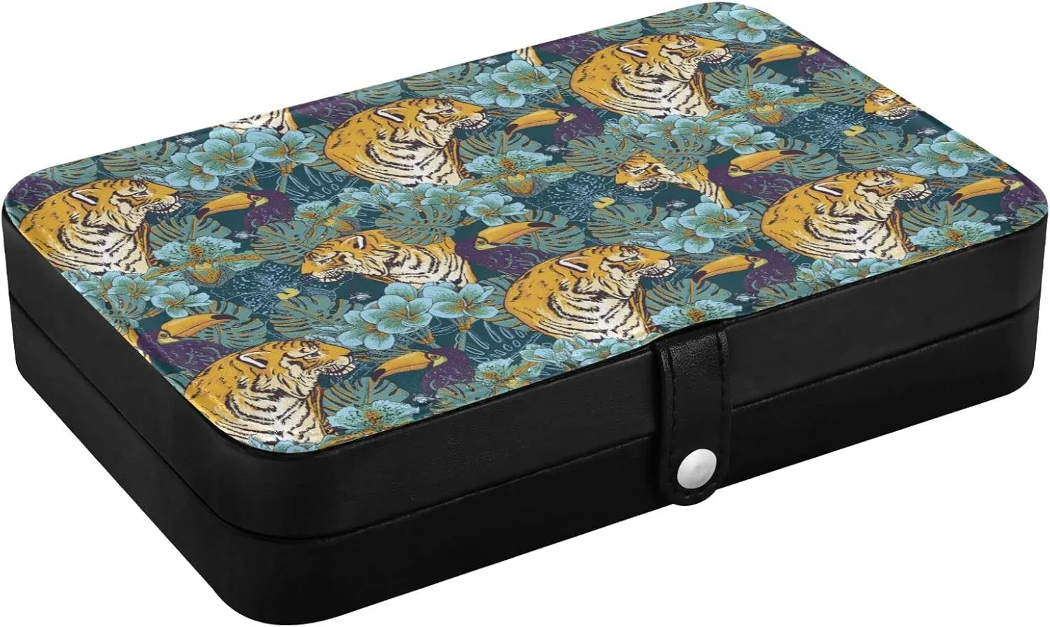 Oyihfvs Tropical Seamless Exotic Turquoise Flowers, Toucan and Yellow Tiger Leather Jewelry Bag, Jewelry Storage, Portable Jewelry Organizer Boxes for Women Lady Necklace, Earrings, Rings, Bracelet