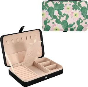 Oyihfvs Watercolor Seamless Green Cacti Cactus with Pink Flowers on Pink Leather Jewelry Bag, Jewelry Storage, Portable Jewelry Organizer Boxes for Women Lady Necklace, Earrings, Rings, Bracelet