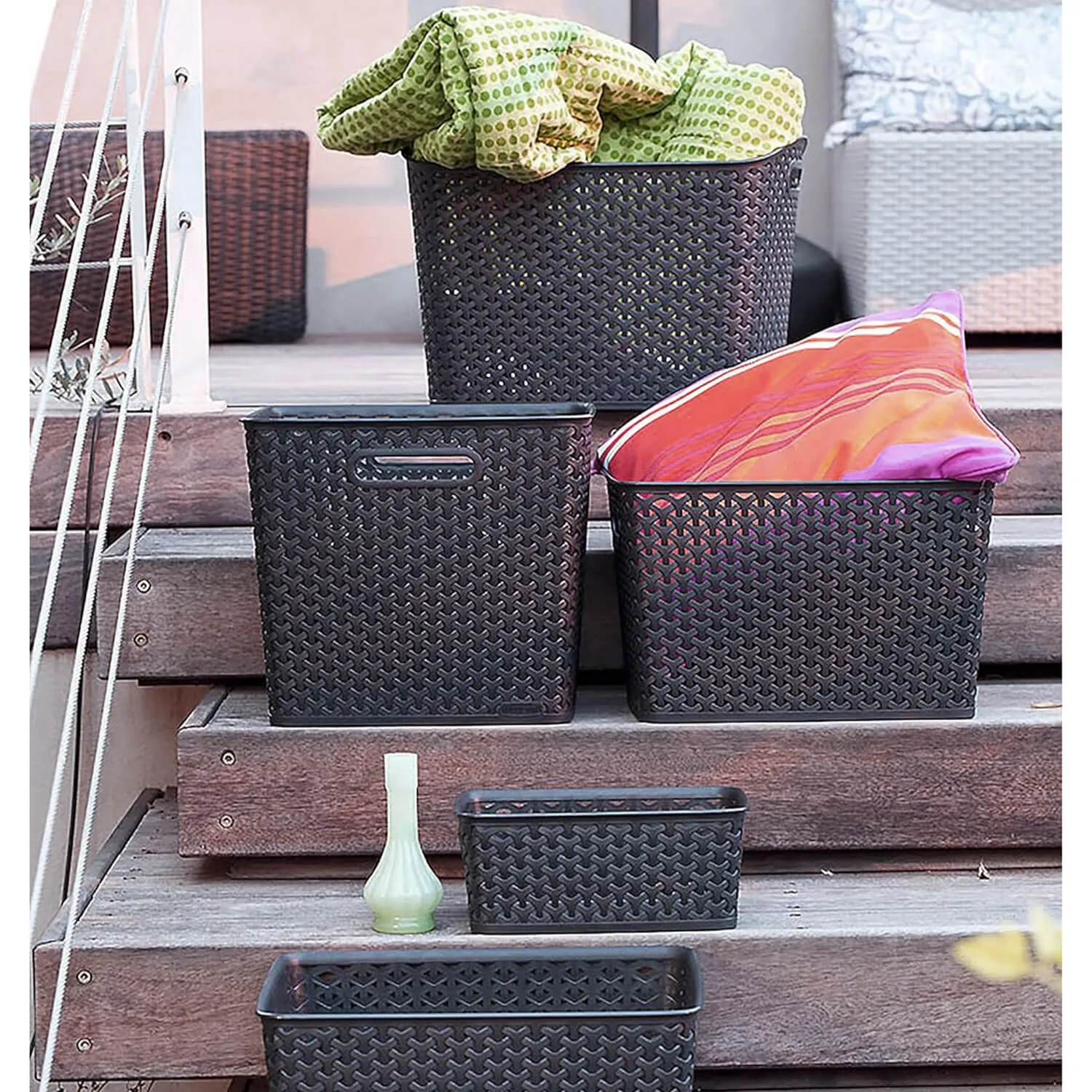 Pack of 3 Curver My Style Home Storage Baskets Woven Plastic Boxes