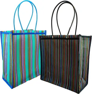 Pack Set of 2 Large Mexican Shoulder Market Bags Gusset Tote Bag in Assorted Colors Reusable Mesh Shopping Mercado Bags with Flat Bottom Bolsas de Mercado / Bolsas de Mandado con Asas Largas y Fuelle