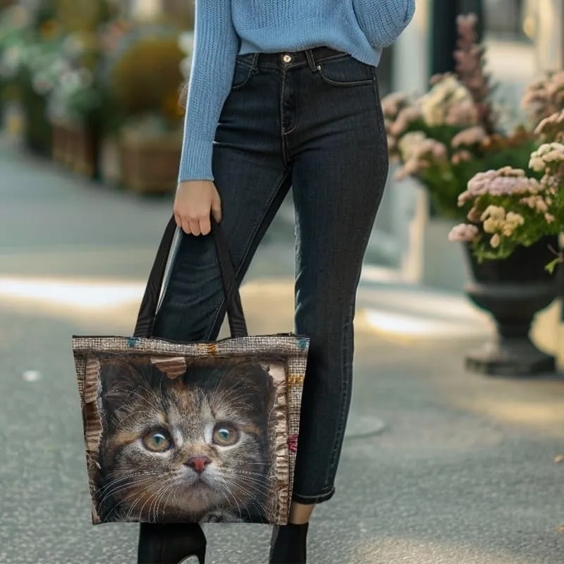 Painting Puppy Paper Tote Bag for Women with Zipper Large Work Handbag, Natural Eco-friendly Reusable Grocery Bag