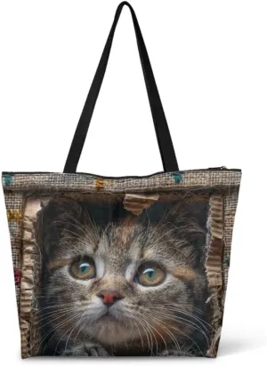 Painting Puppy Paper Tote Bag for Women with Zipper Large Work Handbag, Natural Eco-friendly Reusable Grocery Bag