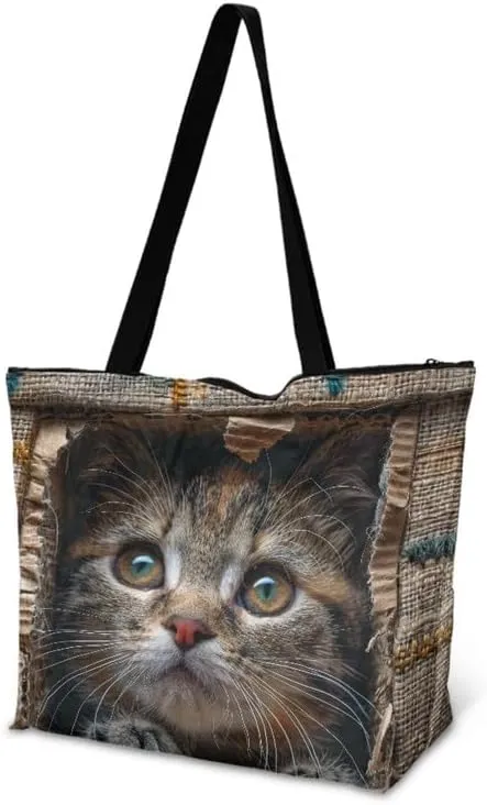 Painting Puppy Paper Tote Bag for Women with Zipper Large Work Handbag, Natural Eco-friendly Reusable Grocery Bag