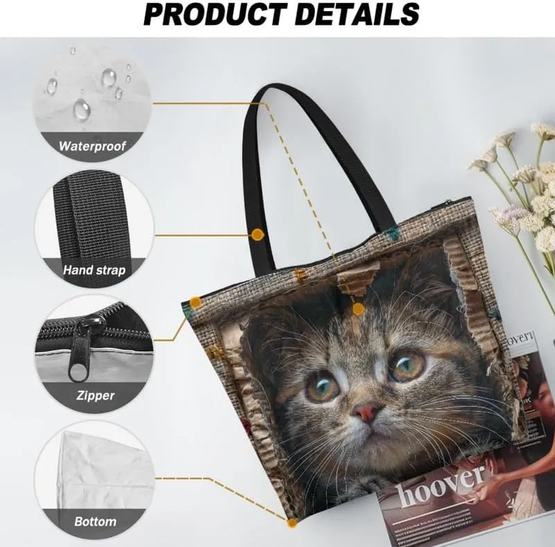 Painting Puppy Paper Tote Bag for Women with Zipper Large Work Handbag, Natural Eco-friendly Reusable Grocery Bag