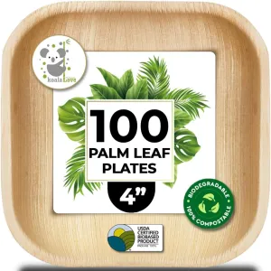Palm Leaf Plates 4 Inch Bamboo Plate Disposable 100 Pack Small Dessert and Appetizer Square Party Plates Biodegradable Compostable Cocktail Better Than Paper Plate By KoalaLove