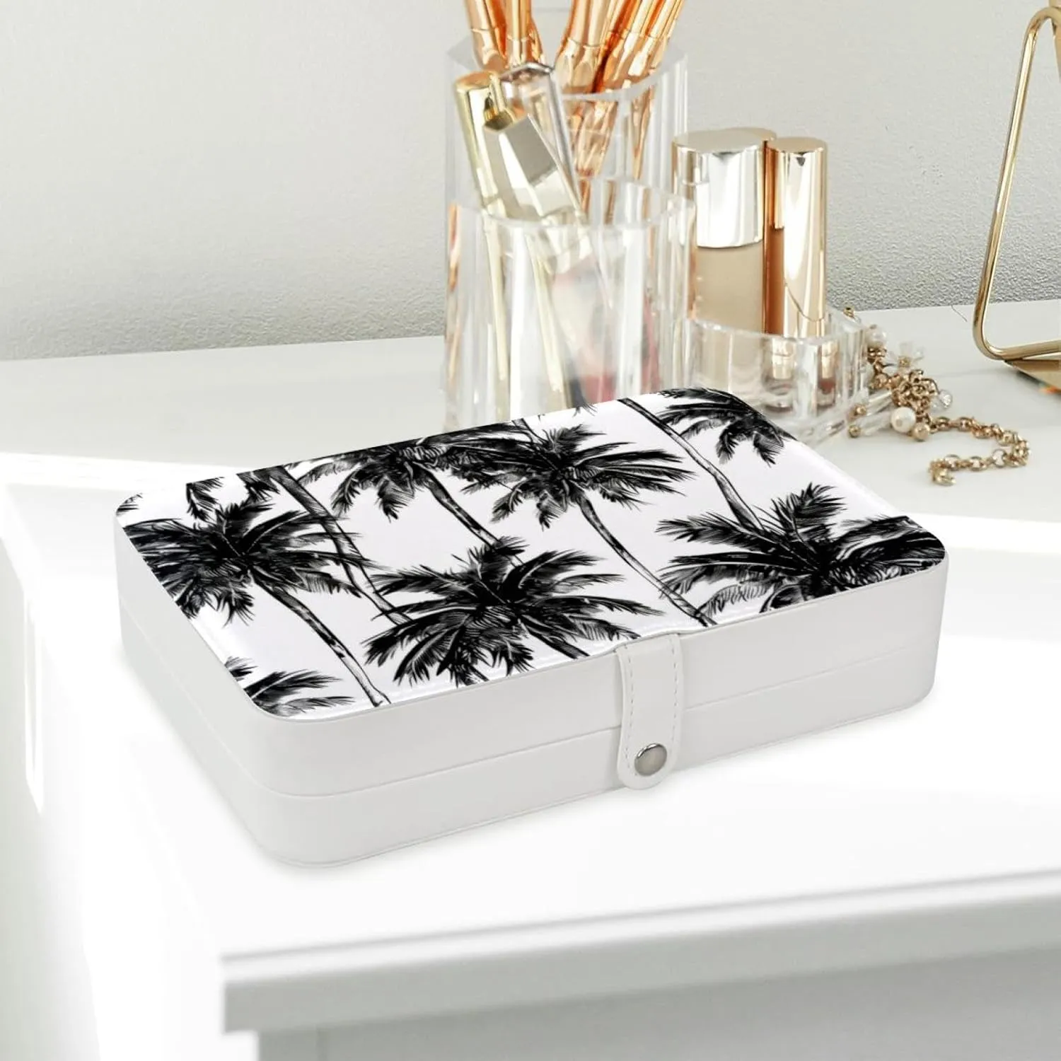 Palm Tree Black Pattern Travel Jewelry Box, Portable Travel Display Case Storage Holder Boxes for Stud Earrings, Rings, Necklaces, Bracelets