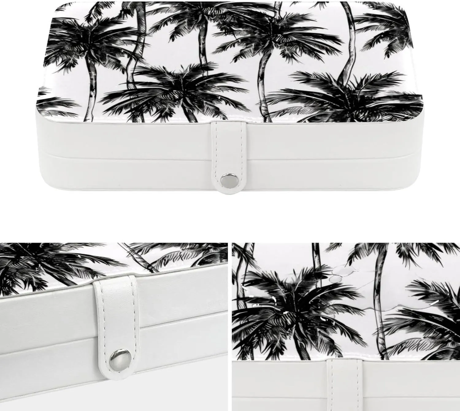 Palm Tree Black Pattern Travel Jewelry Box, Portable Travel Display Case Storage Holder Boxes for Stud Earrings, Rings, Necklaces, Bracelets