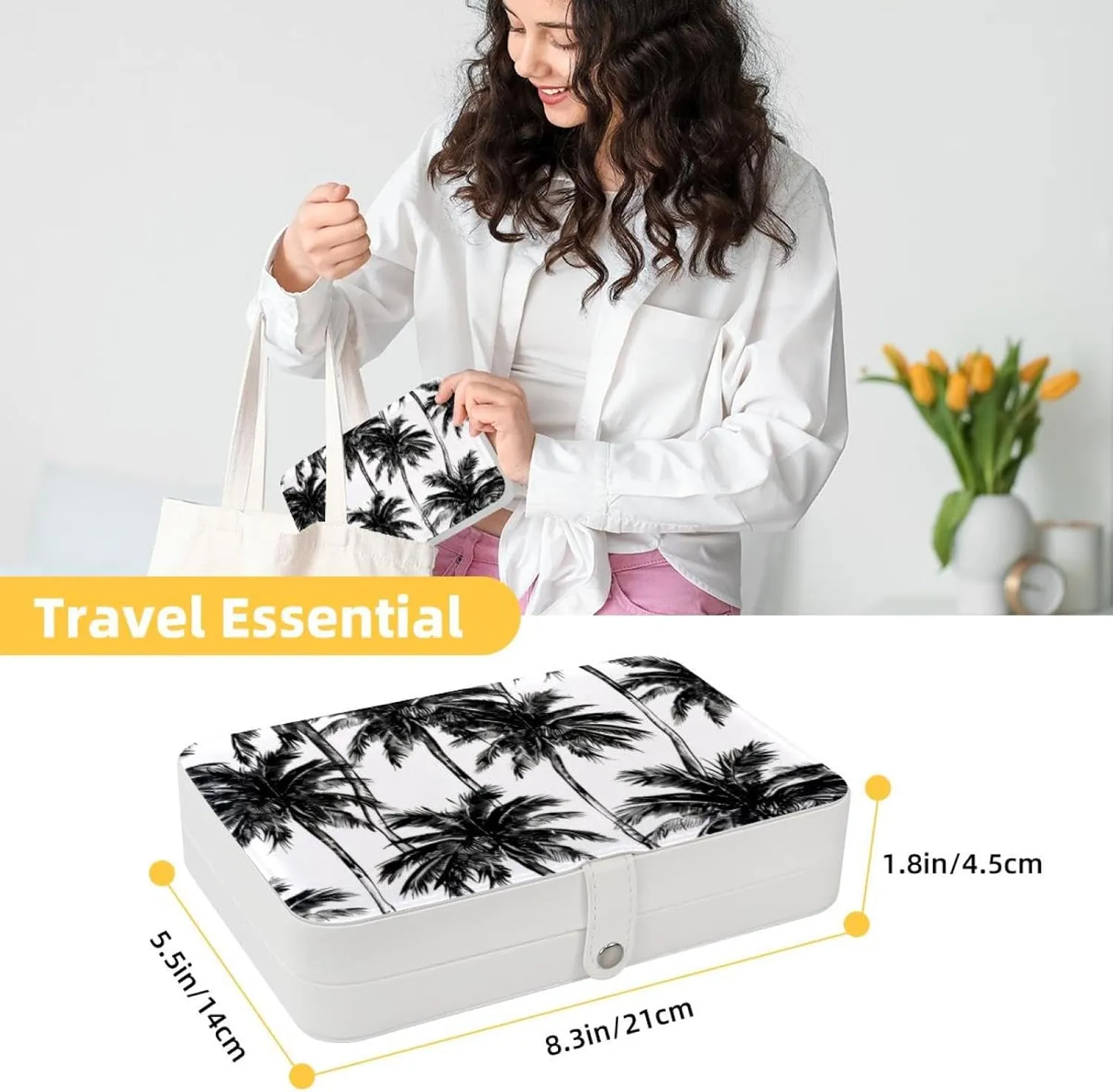 Palm Tree Black Pattern Travel Jewelry Box, Portable Travel Display Case Storage Holder Boxes for Stud Earrings, Rings, Necklaces, Bracelets