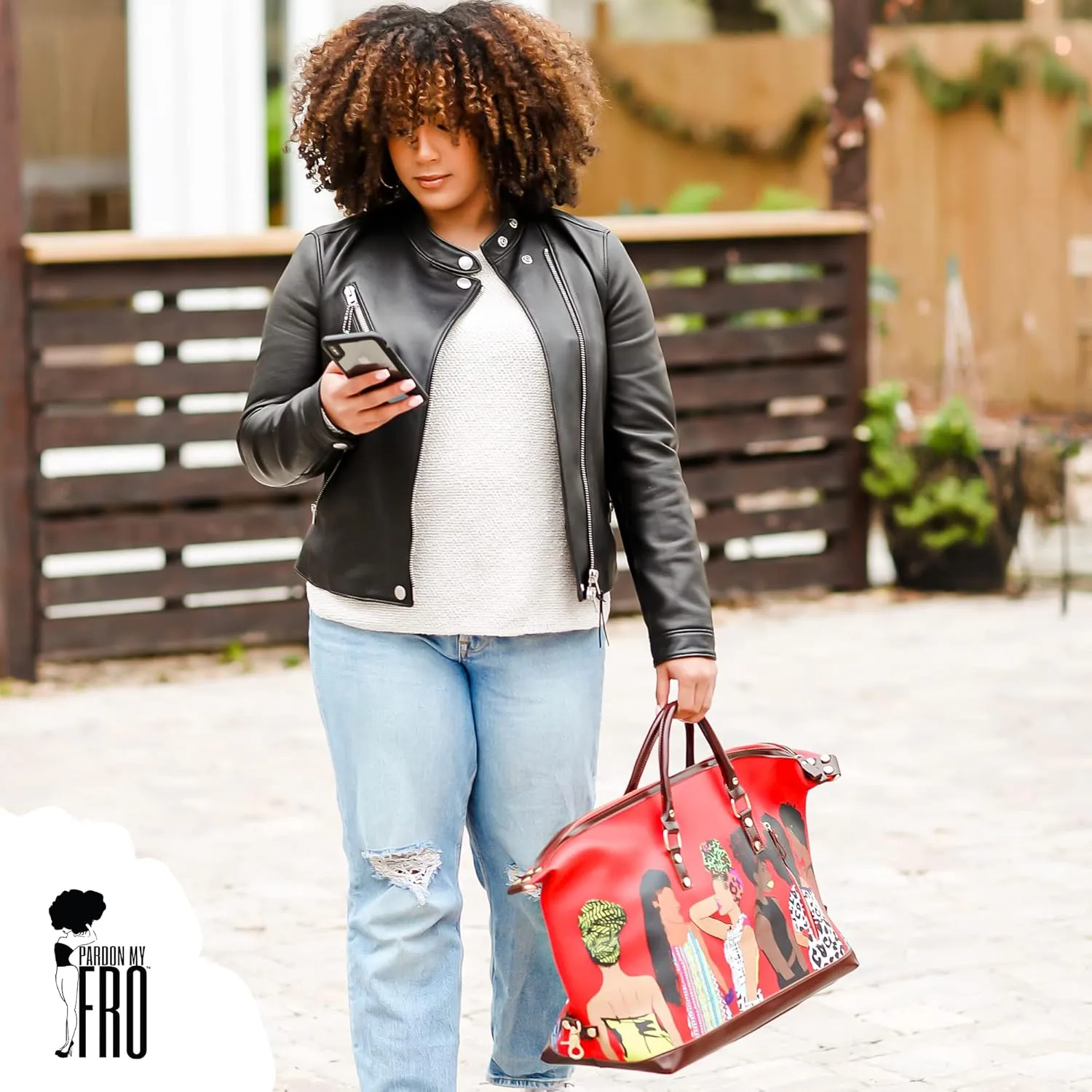 Pardon My Fro Fashion Duffle Bag for Women – Cute Afro-Inspired Faux Leather Weekender Bag, Waterproof Carryon Luggage, Large Travel Duffle for Sleepover, Overnight, Gym, & Hospital – 50x31x23cm Red