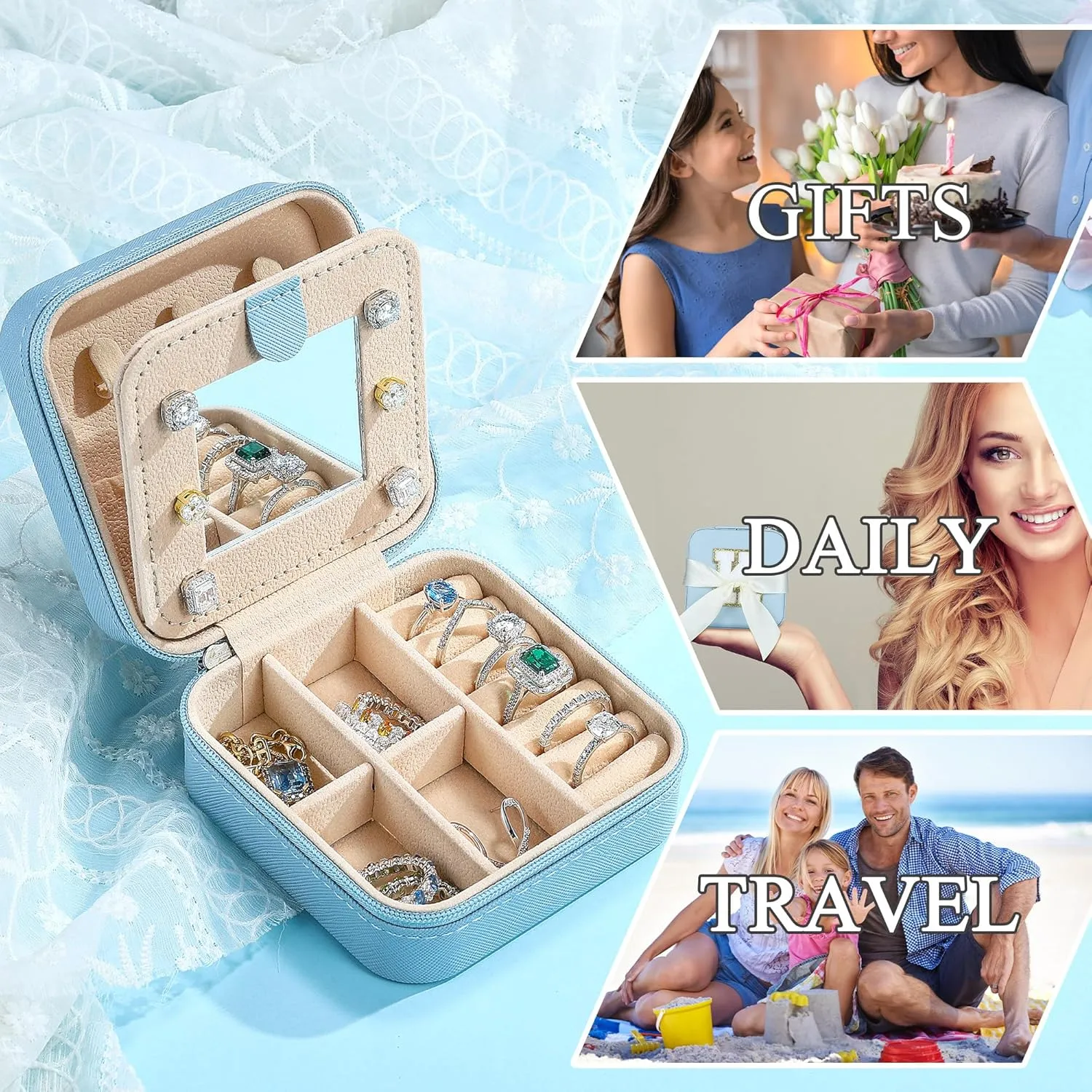 Parima Mom Gifts for Women, Travel Jewelry Case for Mother Gifts | Travel Gifts for Mother Mom from Daughters | Travel Essentials Small Jewelry Box | Jewelry Travel Organizer - Letter T, Sky Blue