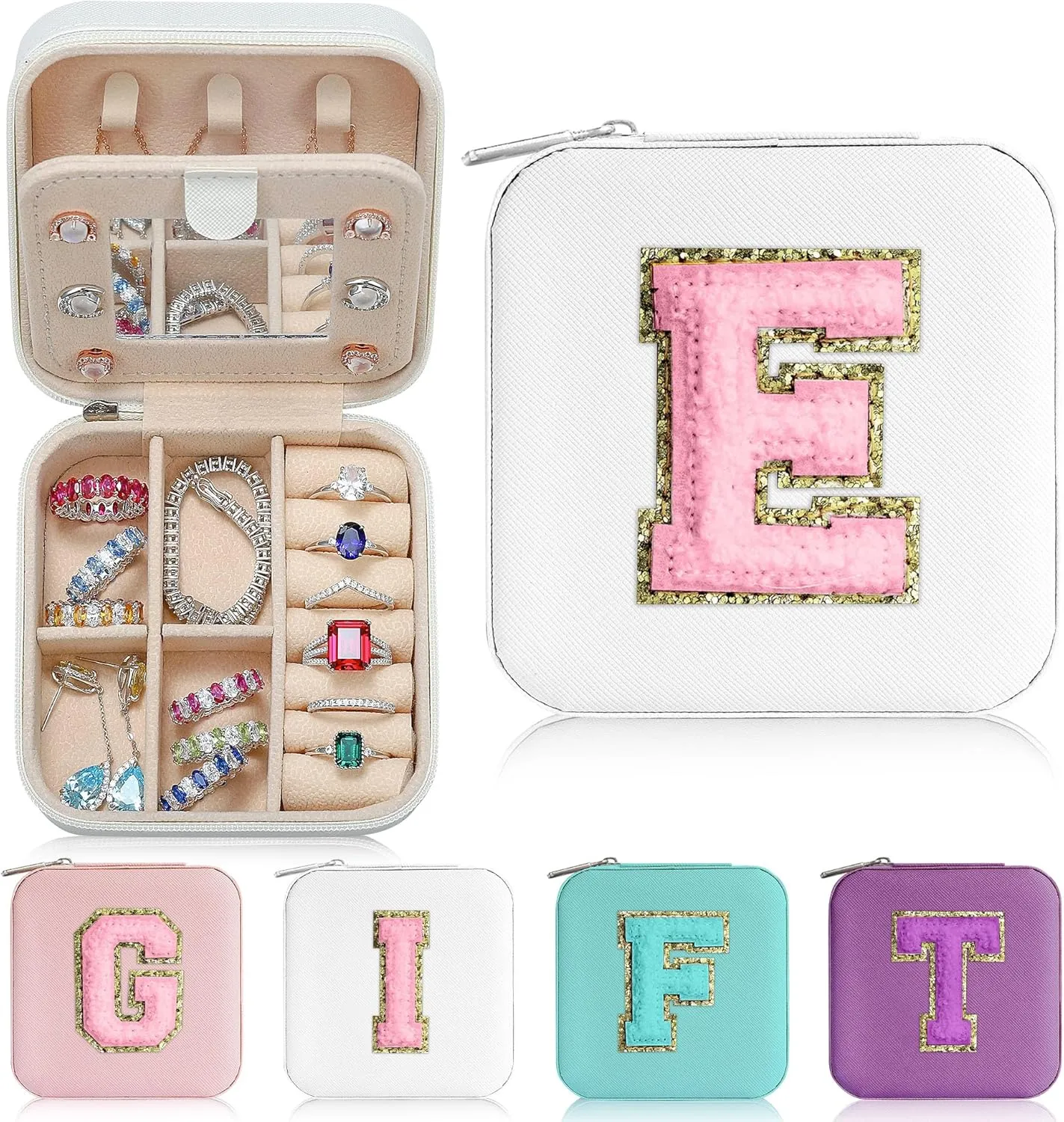 Parima Teacher Gifts for Women - Teacher Appreciation Gifts for Friends Travel Must Have Jewelry Case Organizer | Travel Jewelry Box | Graduation Gifts for Friends Female - Letter E, White