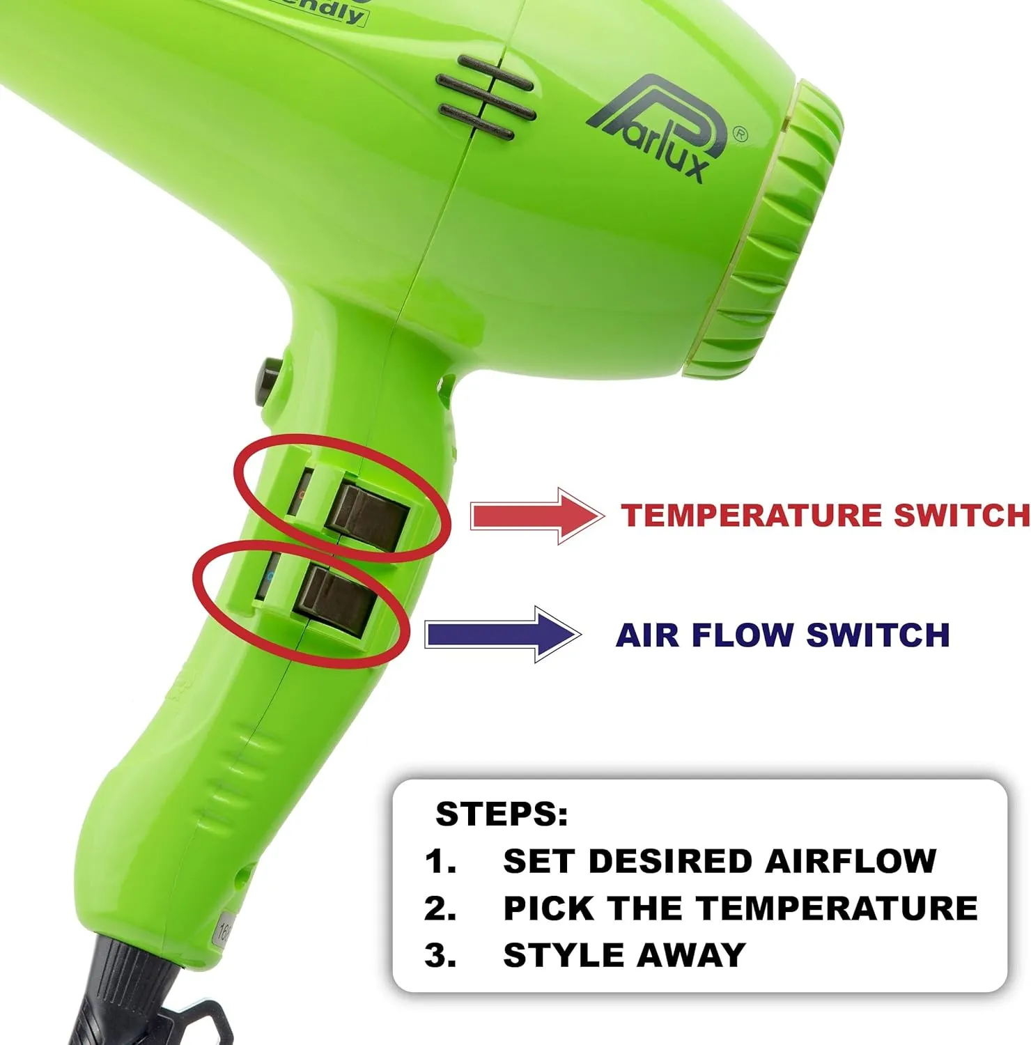 Parlux 3800 Eco Friendly Ionic & Ceramic Green Hair Dryer   M Hair Designs Hot Blow Attachment Black (Bundle) – Lightweight, Fast-Drying, Frizz-Control Blow Dryer for Salon-Quality Styling