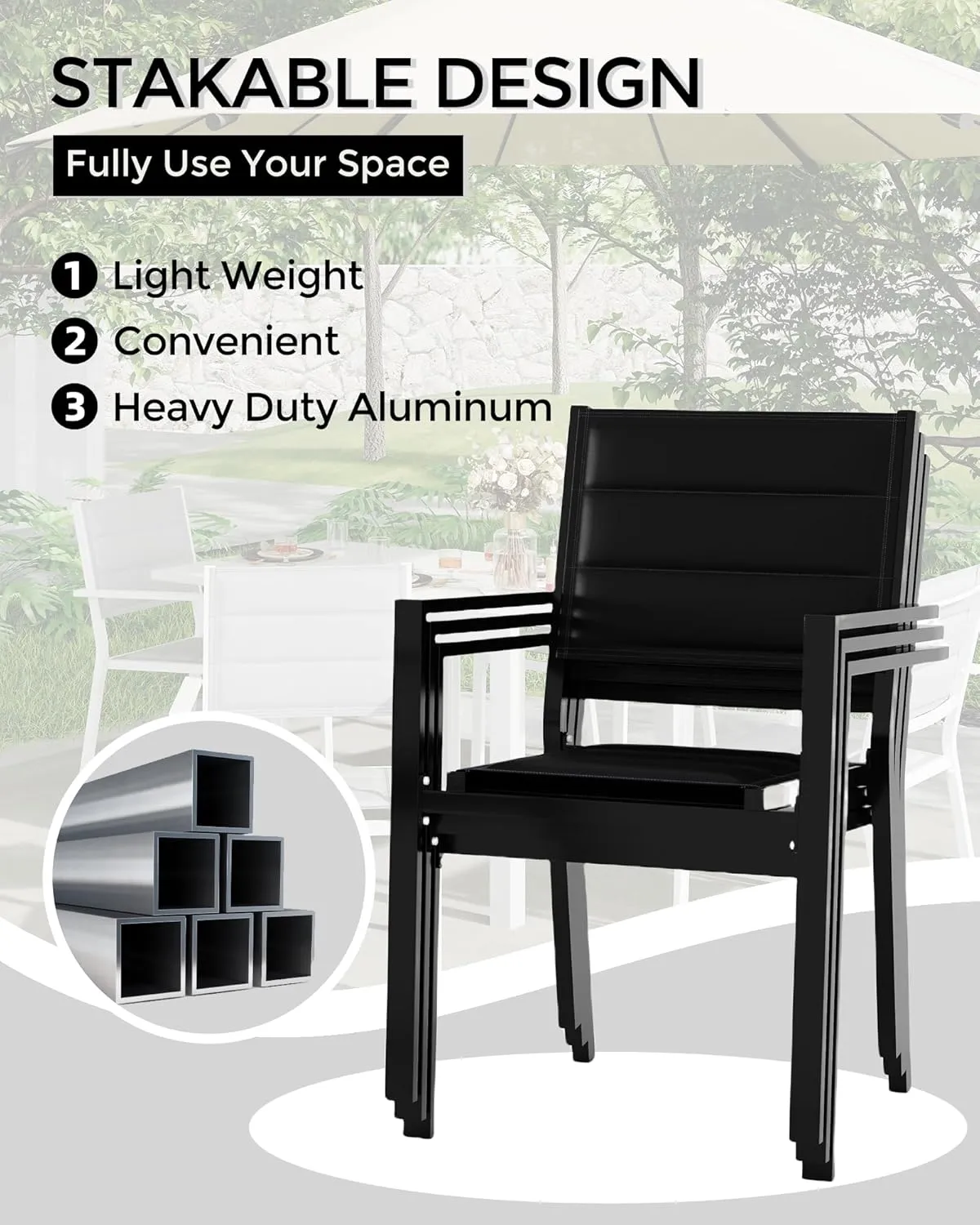 Patio Stackable Chairs Set of 2, Outdoor Aluminum Stacking Dining Chairs with Textilene Fabric for Outdoor, Patio, Deck, Backyard