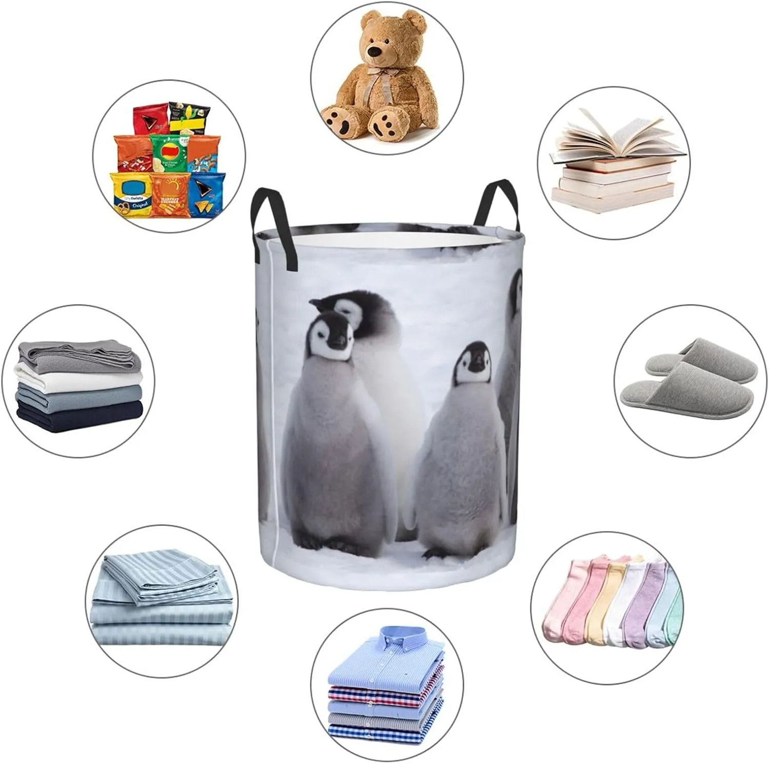 Penguin chicks gather Large Laundry Basket Collapsible Laundry Baskets With Handles Round Laundry Hamper Storage Basket, Waterproof Hamper For Laundry Bag Travel Dirty Clothes Basket laundry