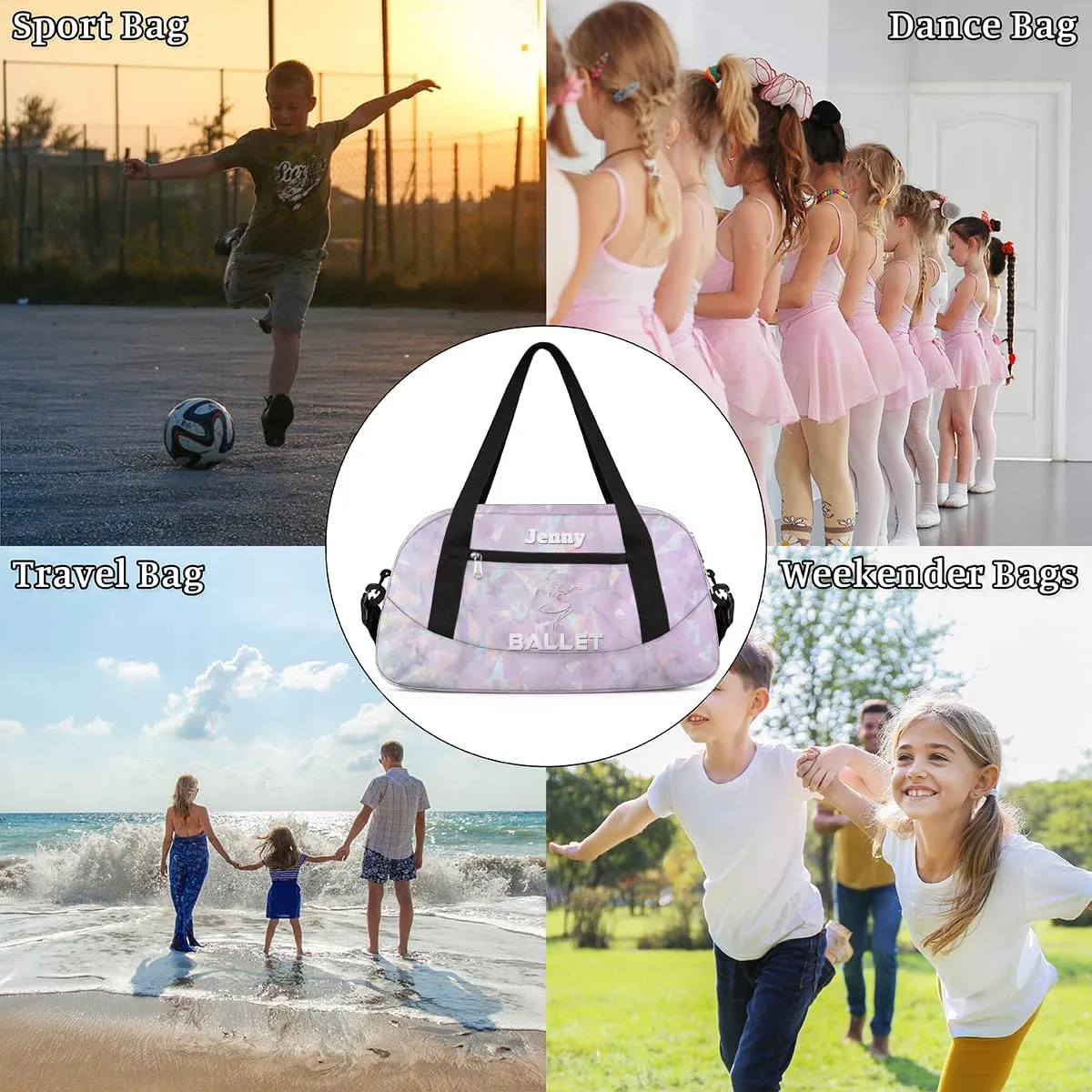 Personalized Dance Bag for Girls Kids, Custom Gym Bag Overnight Small Duffel Bag Carry On Weekend Sports Travel Bag for School Practice Gymnastics Ballet, Crystal Texture White Ballet