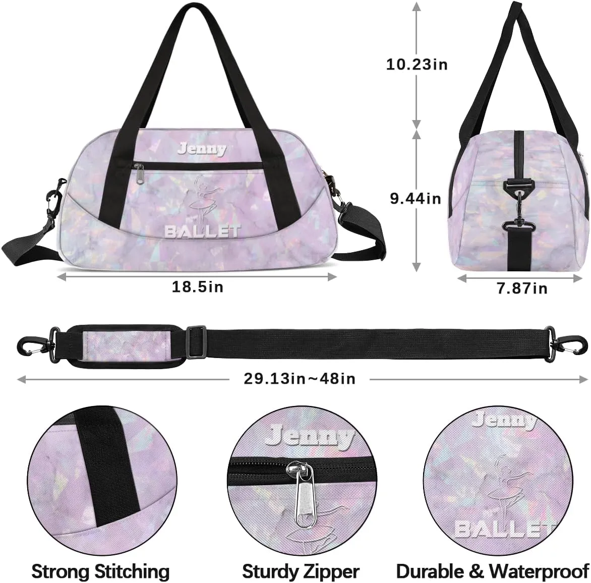 Personalized Dance Bag for Girls Kids, Custom Gym Bag Overnight Small Duffel Bag Carry On Weekend Sports Travel Bag for School Practice Gymnastics Ballet, Crystal Texture White Ballet