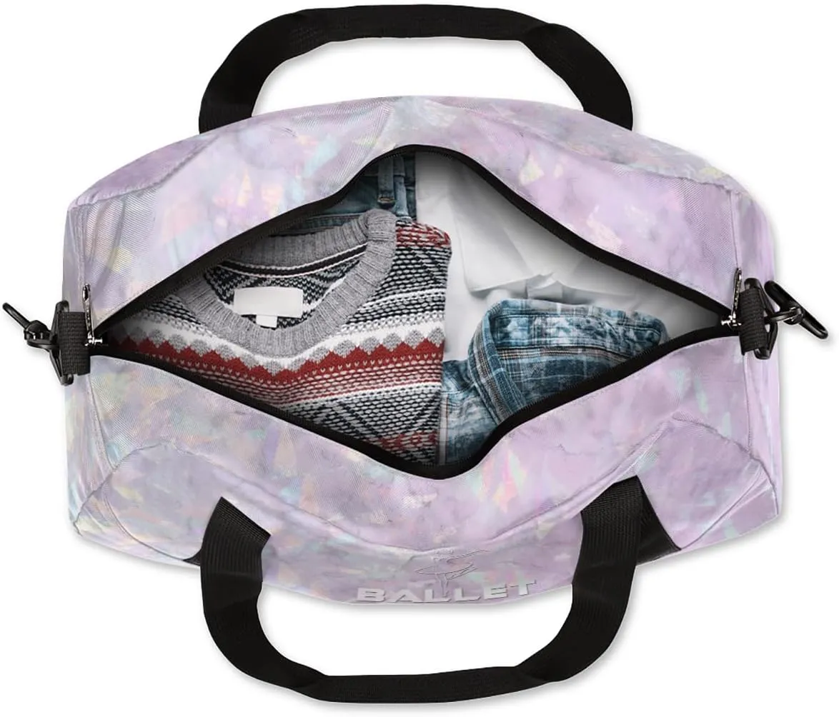 Personalized Dance Bag for Girls Kids, Custom Gym Bag Overnight Small Duffel Bag Carry On Weekend Sports Travel Bag for School Practice Gymnastics Ballet, Crystal Texture White Ballet