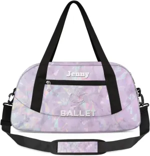 Personalized Dance Bag for Girls Kids, Custom Gym Bag Overnight Small Duffel Bag Carry On Weekend Sports Travel Bag for School Practice Gymnastics Ballet, Crystal Texture White Ballet