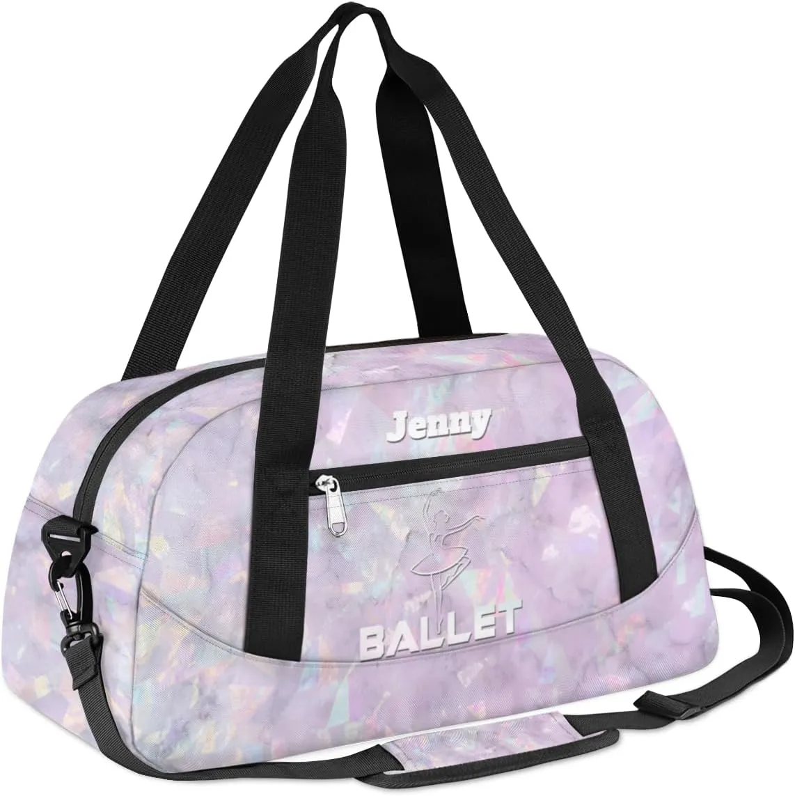 Personalized Dance Bag for Girls Kids, Custom Gym Bag Overnight Small Duffel Bag Carry On Weekend Sports Travel Bag for School Practice Gymnastics Ballet, Crystal Texture White Ballet