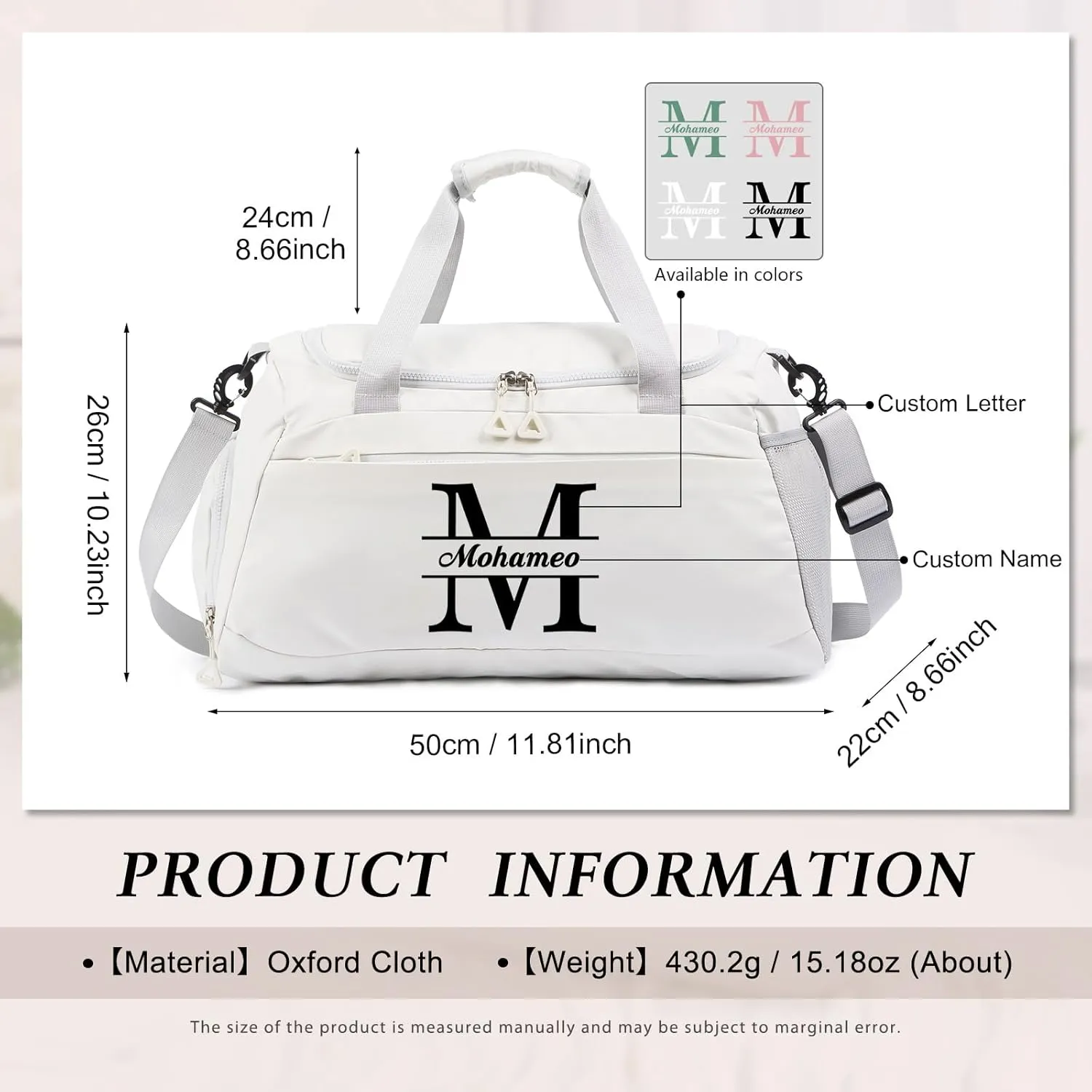 Personalized Duffel Bag - Custom Travel Bag with Name - Initial Weekender Bags Monogram Overnight Bag Sport Gym Bags for Women (White)