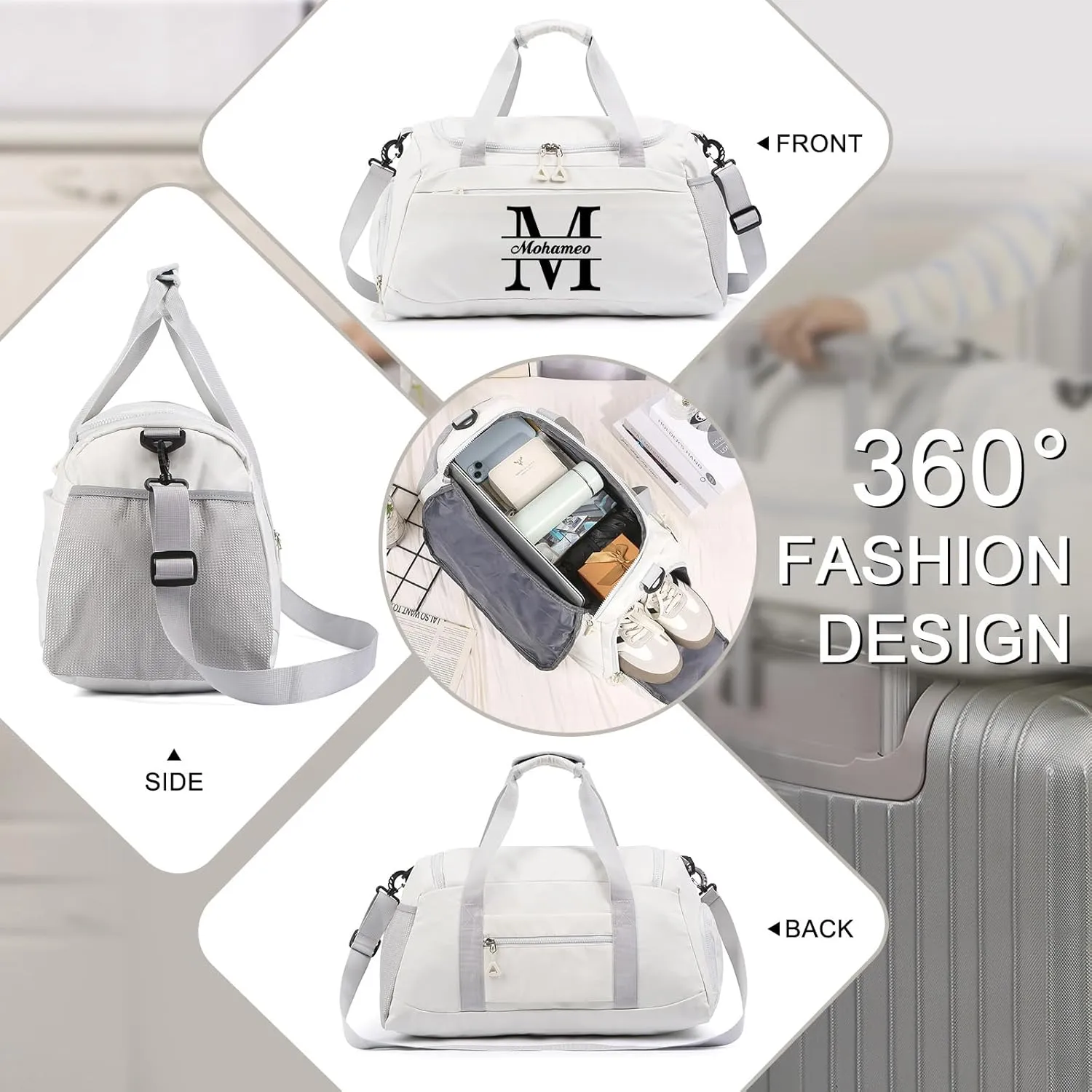 Personalized Duffel Bag - Custom Travel Bag with Name - Initial Weekender Bags Monogram Overnight Bag Sport Gym Bags for Women (White)