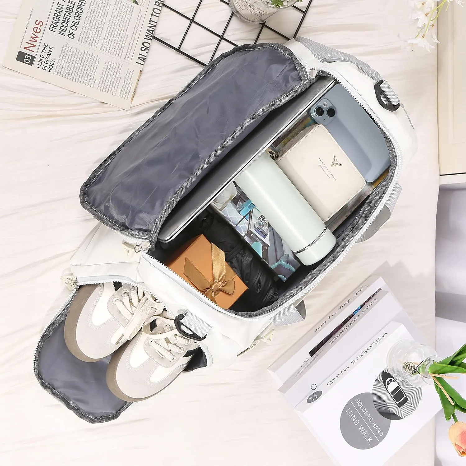 Personalized Duffel Bag - Custom Travel Bag with Name - Initial Weekender Bags Monogram Overnight Bag Sport Gym Bags for Women (White)