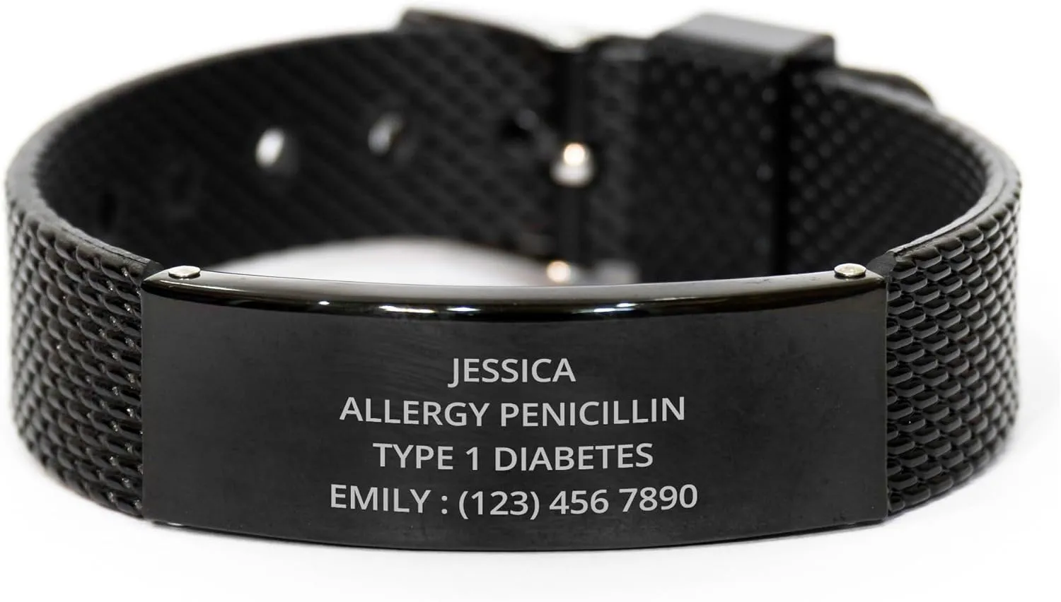 Personalized Medical Alert Black Shark Mesh Bracelet, SOS Emergency Health Life Alert Medical ID Engraved Stainless Steel Jewelry Free Engraving Adjustable Black Customized Bracelet for Men Women Kiss