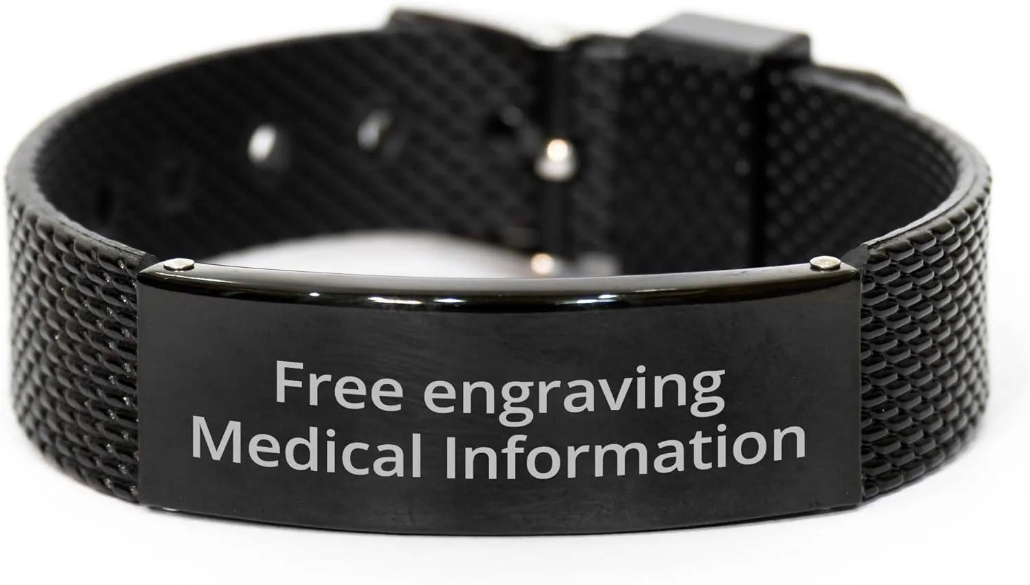 Personalized Medical Alert Black Shark Mesh Bracelet, SOS Emergency Health Life Alert Medical ID Engraved Stainless Steel Jewelry Free Engraving Adjustable Black Customized Bracelet for Men Women Kiss