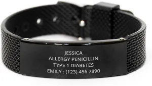 Personalized Medical Alert Black Shark Mesh Bracelet, SOS Emergency Health Life Alert Medical ID Engraved Stainless Steel Jewelry Free Engraving Adjustable Black Customized Bracelet for Men Women Kiss