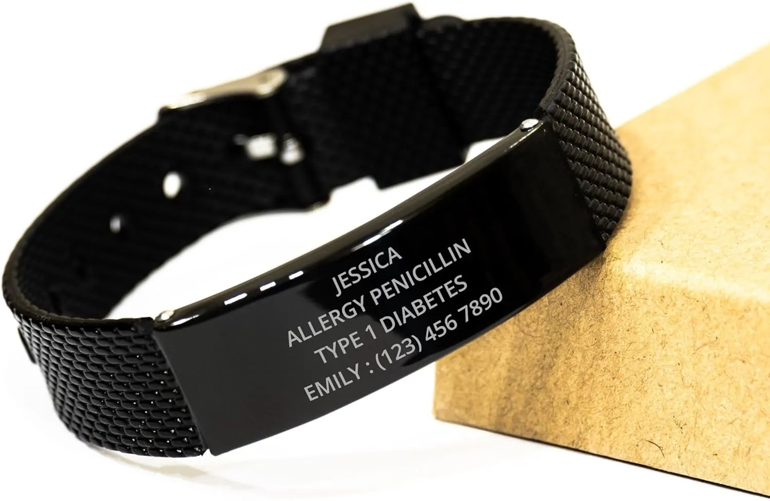 Personalized Medical Alert Black Shark Mesh Bracelet, SOS Emergency Health Life Alert Medical ID Engraved Stainless Steel Jewelry Free Engraving Adjustable Black Customized Bracelet for Men Women Kiss