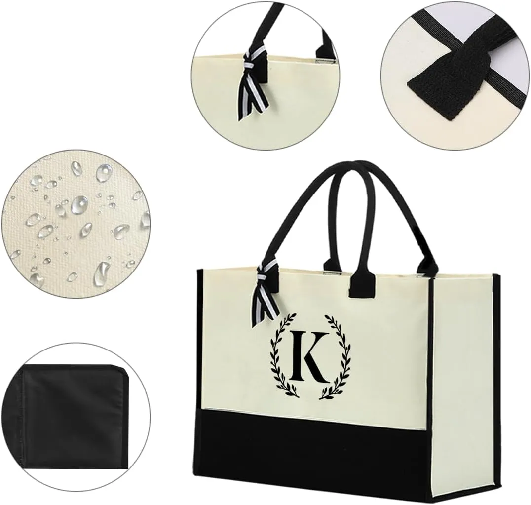 Personalized Tote Bag, Monogrammed Gifts for Women Bride Initial Reusable Grocery Bags for Wedding Bridal Shower
