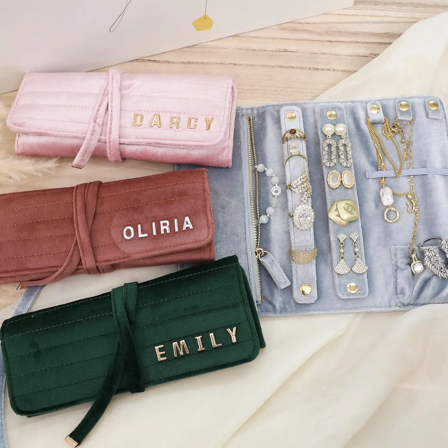 Personalized Velvet Jewelry Rolls, Custom Luxury Jewelry Travel Organizer, Wedding Favors, Travel Jewelry Case, Bridesmaid Gifts, Monogrammed Jewelry Roll, Valentine's Gifts for Her - Metal Letters
