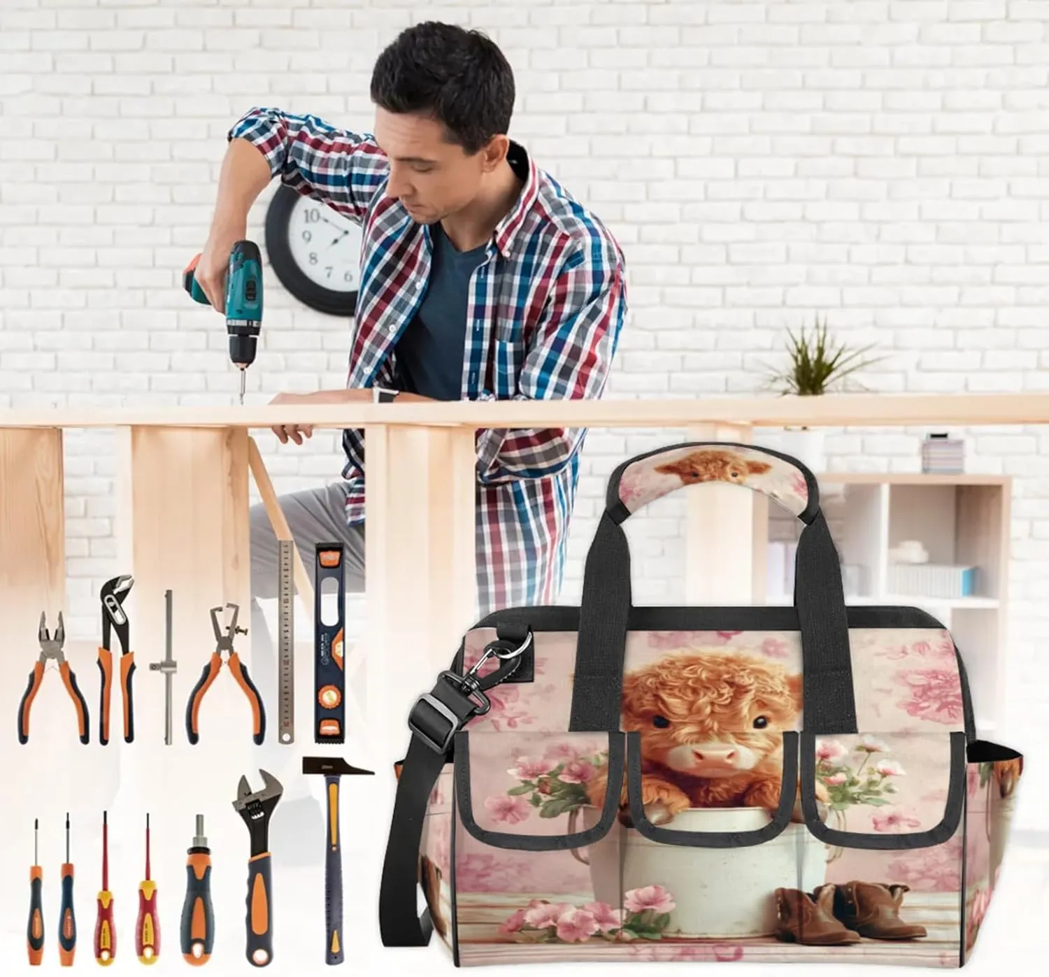 Pink Tool Bags for Men and Women Highland Cow Heavy Duty Tool Tote Organizer Bag for Electrician Carpenter Mechanic, Adjustable Shoulder Strap