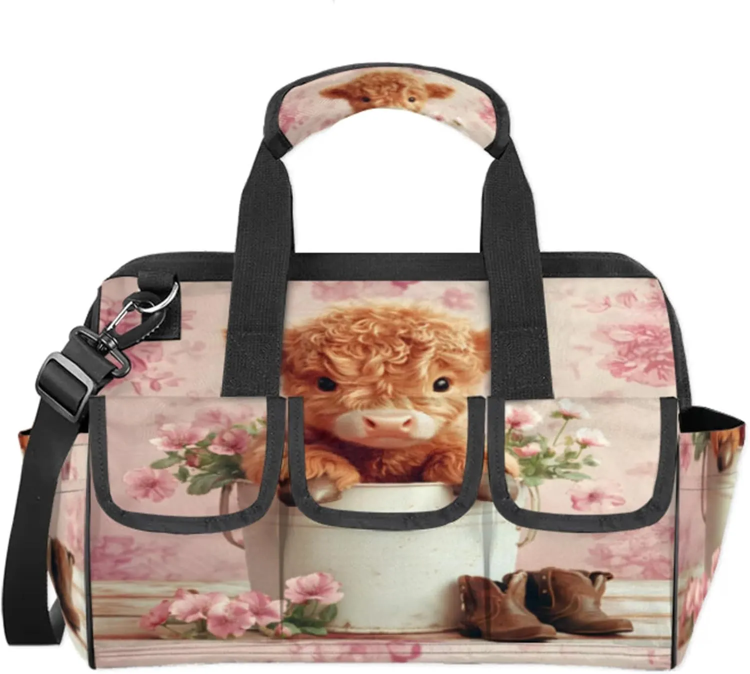 Pink Tool Bags for Men and Women Highland Cow Heavy Duty Tool Tote Organizer Bag for Electrician Carpenter Mechanic, Adjustable Shoulder Strap