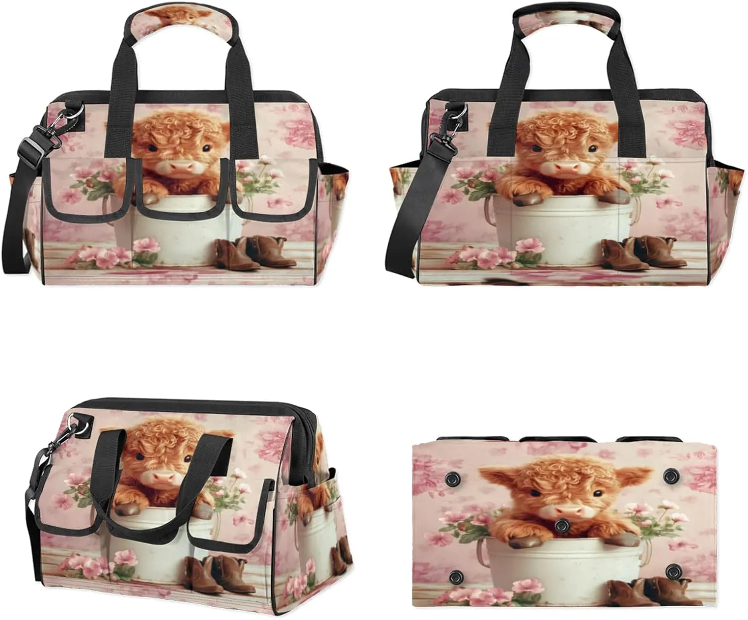 Pink Tool Bags for Men and Women Highland Cow Heavy Duty Tool Tote Organizer Bag for Electrician Carpenter Mechanic, Adjustable Shoulder Strap